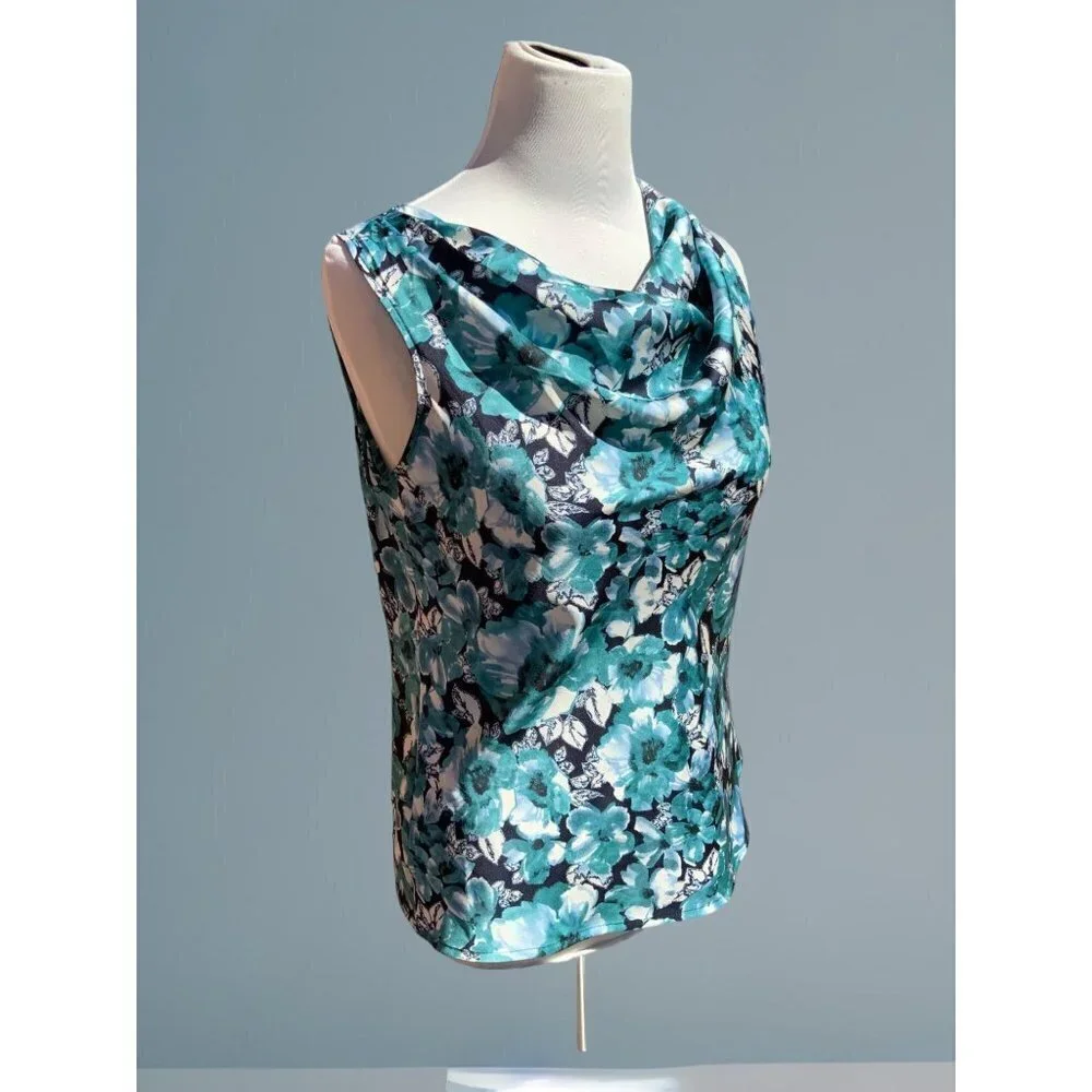 Ann Taylor Loft petite turquoise sleeveless cowl neck floral spandex blouse PS - Picture 2 of 10